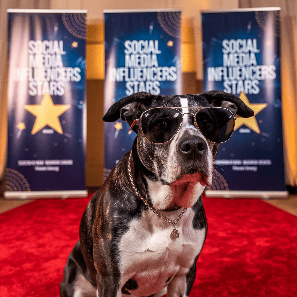 Dog with sunglasses and a necklace. The dog is posing on a red carpet. In the background, there are banners that say "Social Media Influencers Stars". The lighting is warm.