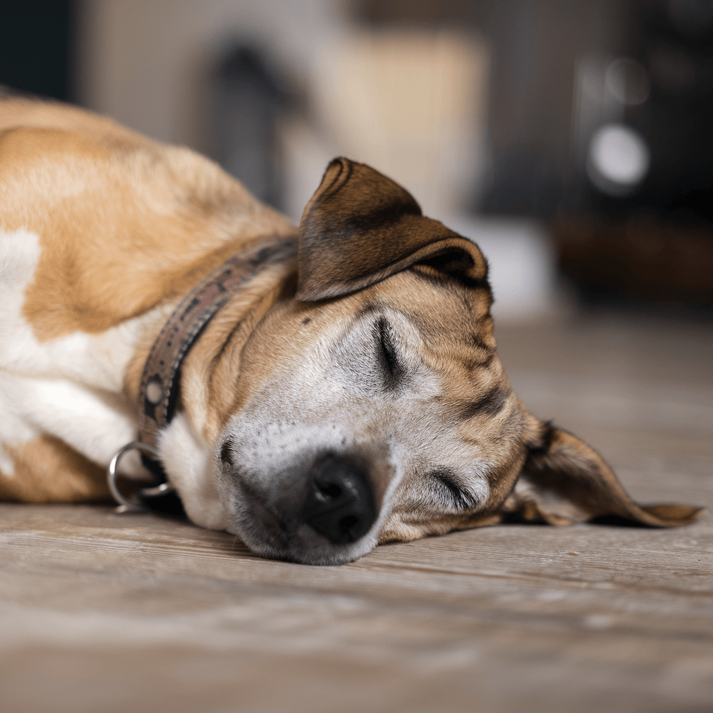 a bored dog lying on the ground with its eyes closed.