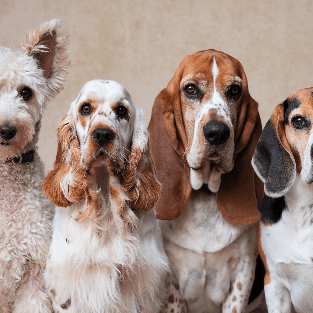 Variety of dog breeds with their ears. From left to right, there's a Poodle, a Cocker Spaniel, a Basset Hound, and a Beagle. 