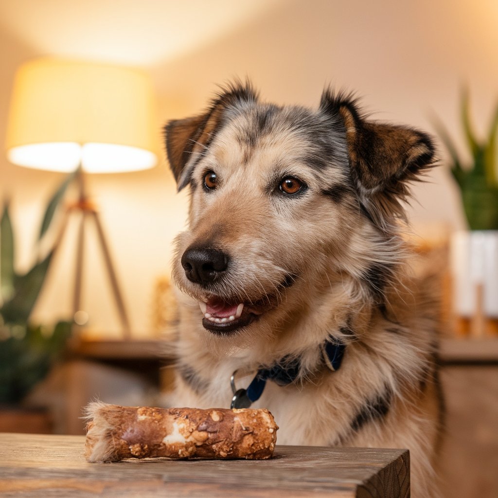 medium-sized dog enthusiastically chewing on a natural dog treat with visible fur. 