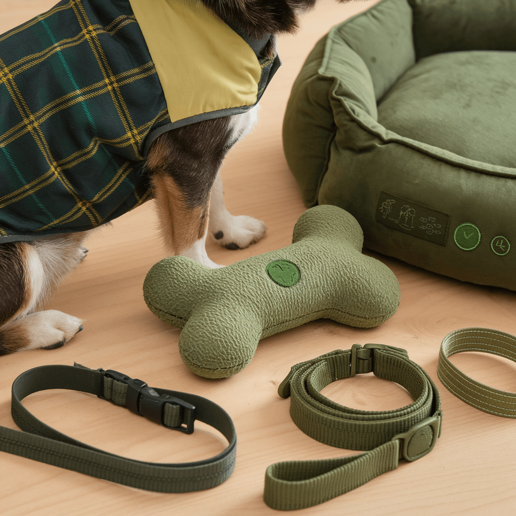 a variety of eco-friendly dog products. There's a dog wearing a green and yellow plaid jacket. There's a green dog toy shaped like a bone. There's a green dog bed. There's a green leash and a green collar.