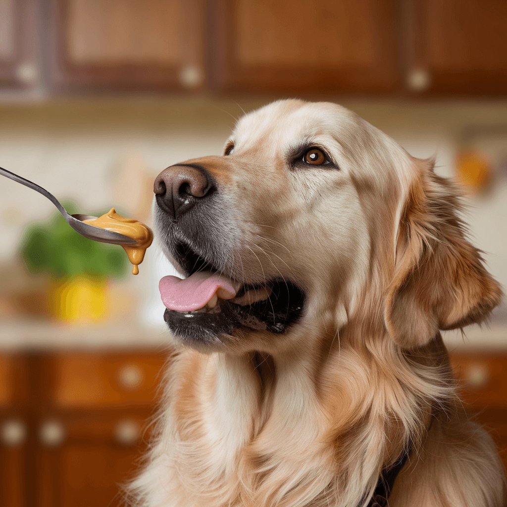 a golden retriever with its mouth open, receiving a lick of Farmer Pete's Peanut Butter as a treat from a spoon.